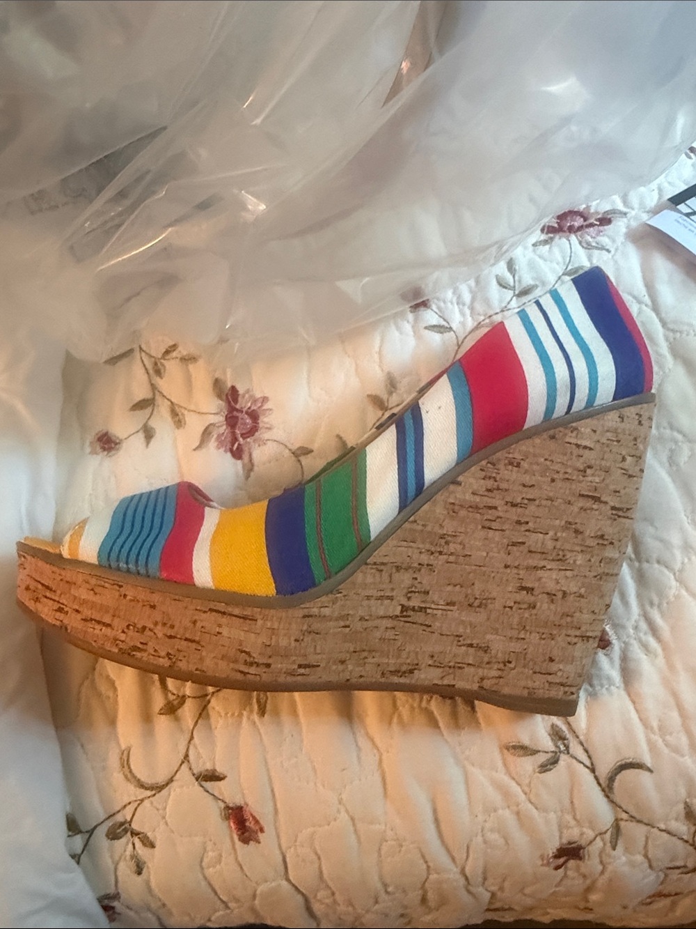 Bandolino Multicolor Striped Peep-Toe wedge — Red, Blue, Yellow, Green